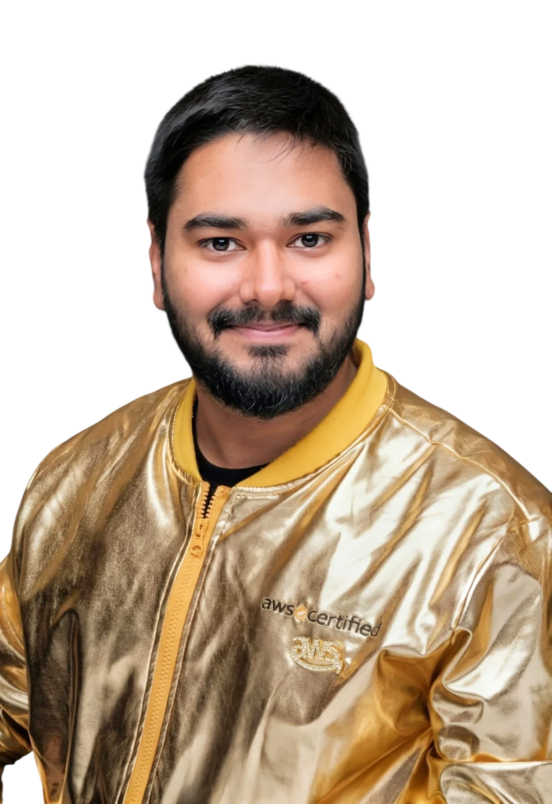 Pritish Anand wearing the AWS Certified Golden Jacket